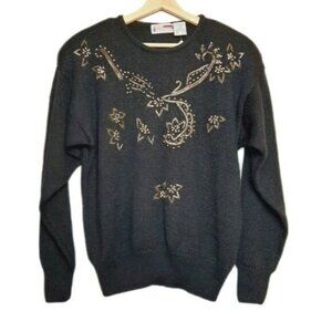VINTAGE New w Tags Fuzzy Sweater Black Floral Embellished Sz L